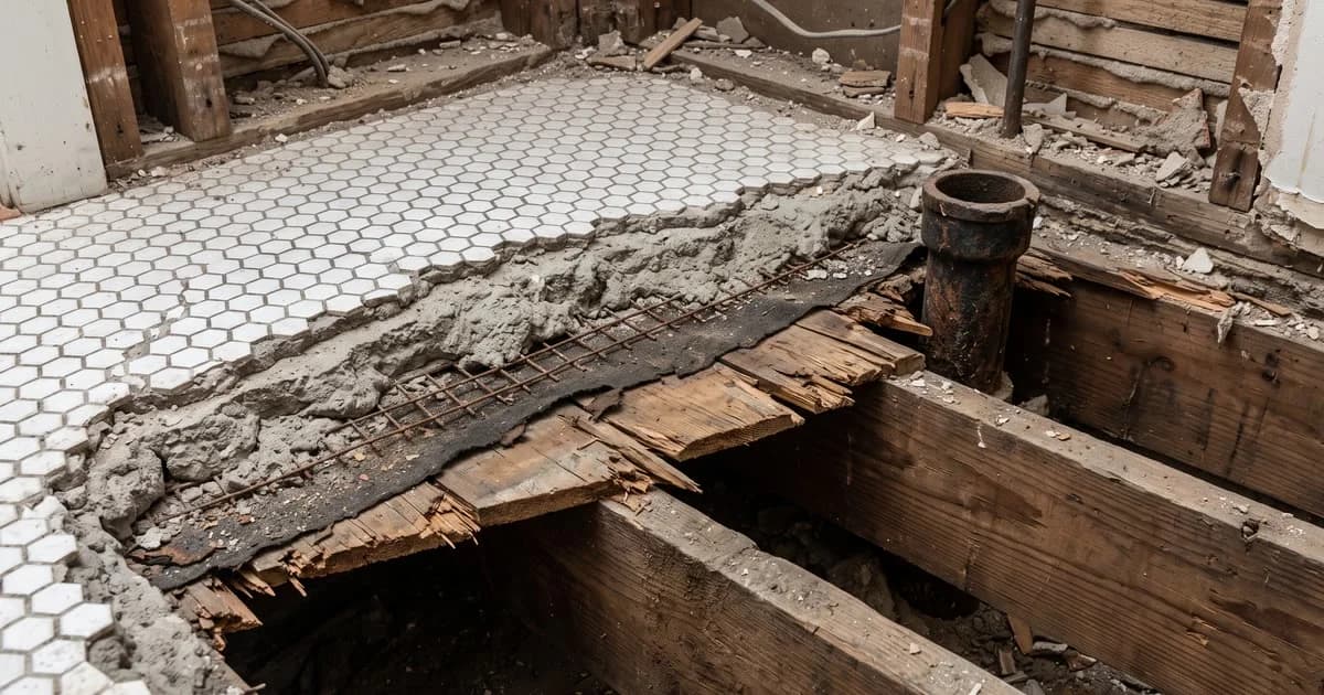 A cut through an old bathroom floor: small hex tile over a thick mortar bed with wire mesh, beside a cast-iron drain.