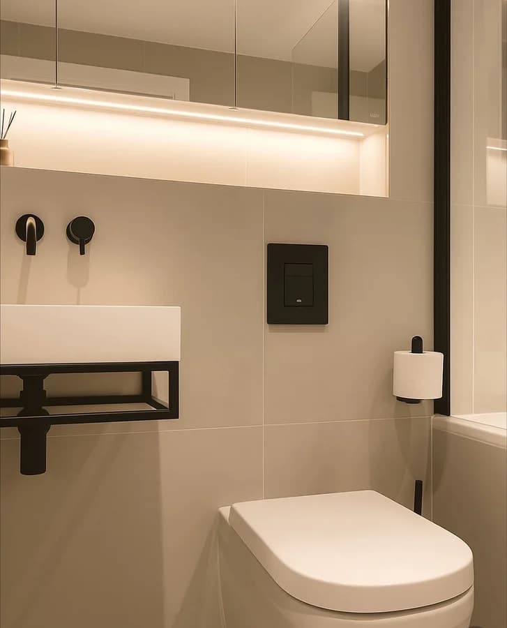 Basin and wall-hung toilet with a black flush plate, lit by the strip under the mirror cabinet.