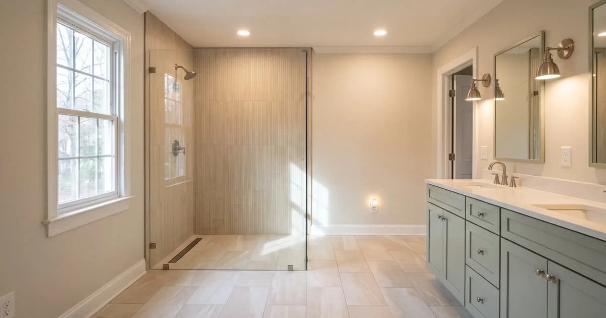 A warm-neutral bathroom with a curbless shower, a textured shower wall, a sage-green vanity and layered lighting.