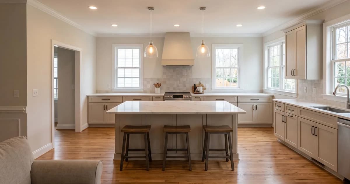 An open kitchen with a freestanding island, three stools and clear space on every side.