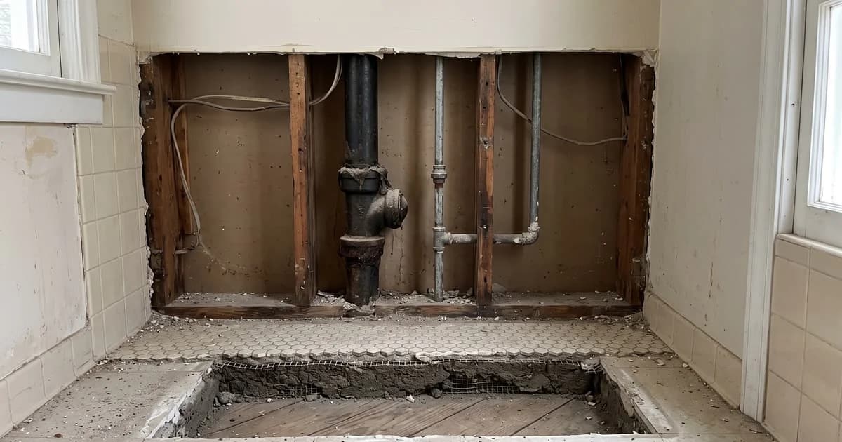 An opened bathroom wall in an older house: a cast-iron drain beside galvanized supply lines, and a thick mortar bed under hex floor tile.