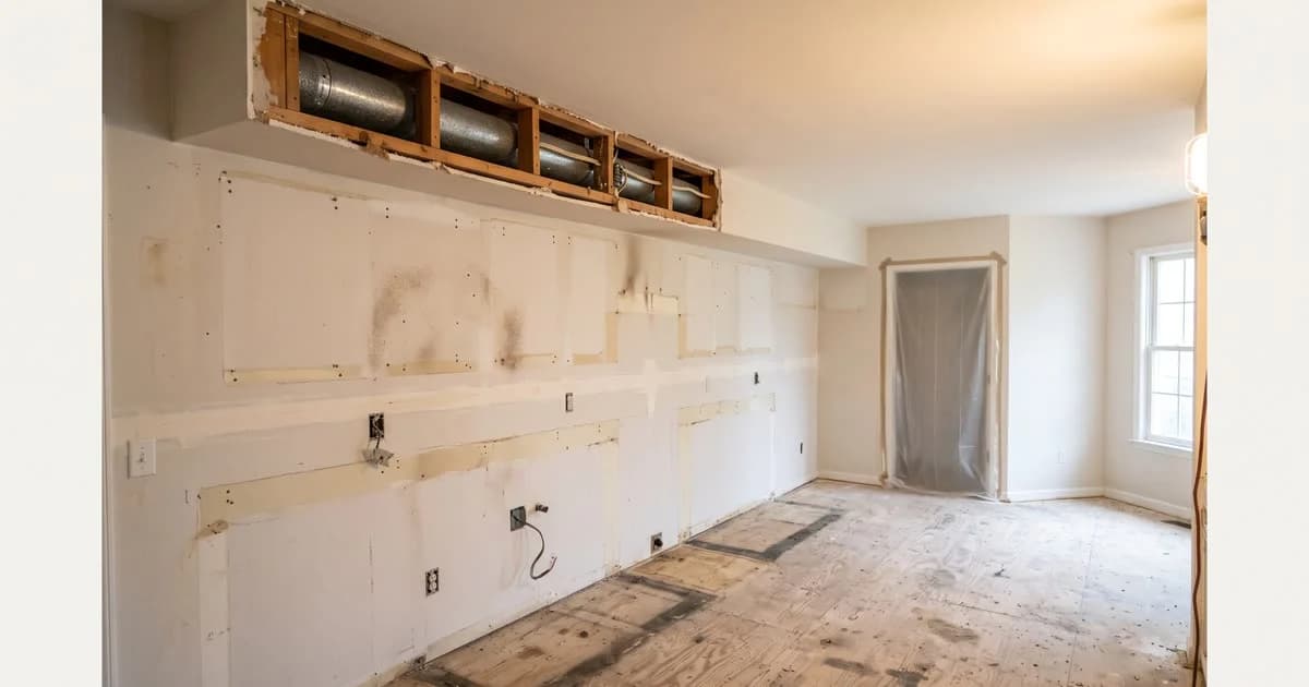 A kitchen soffit opened during demolition, showing the HVAC duct running inside it.