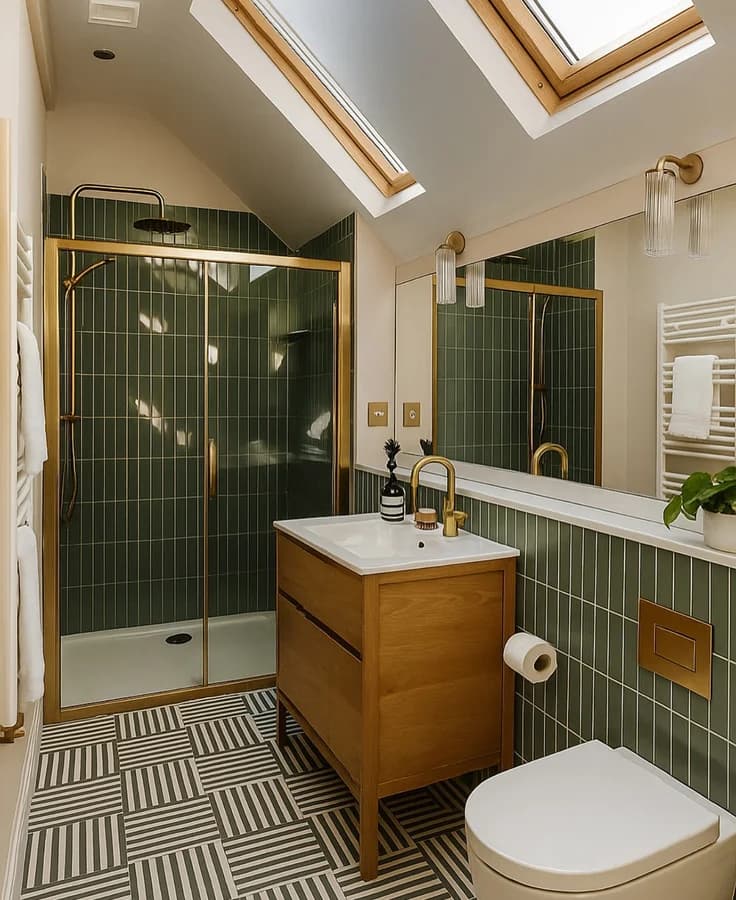 Bathroom under a pitched skylight: green tiled shower, oak vanity and striped geometric floor tile.