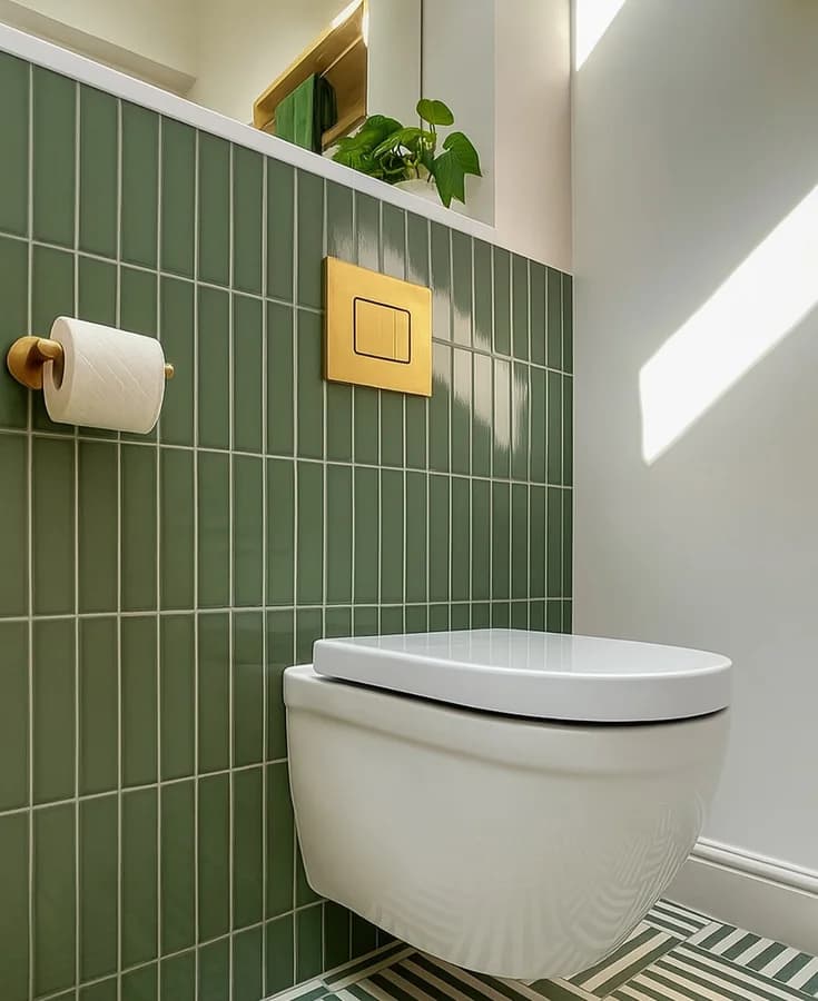 Wall-hung toilet against green stack-bond tile, with a brass flush plate and matching paper holder.